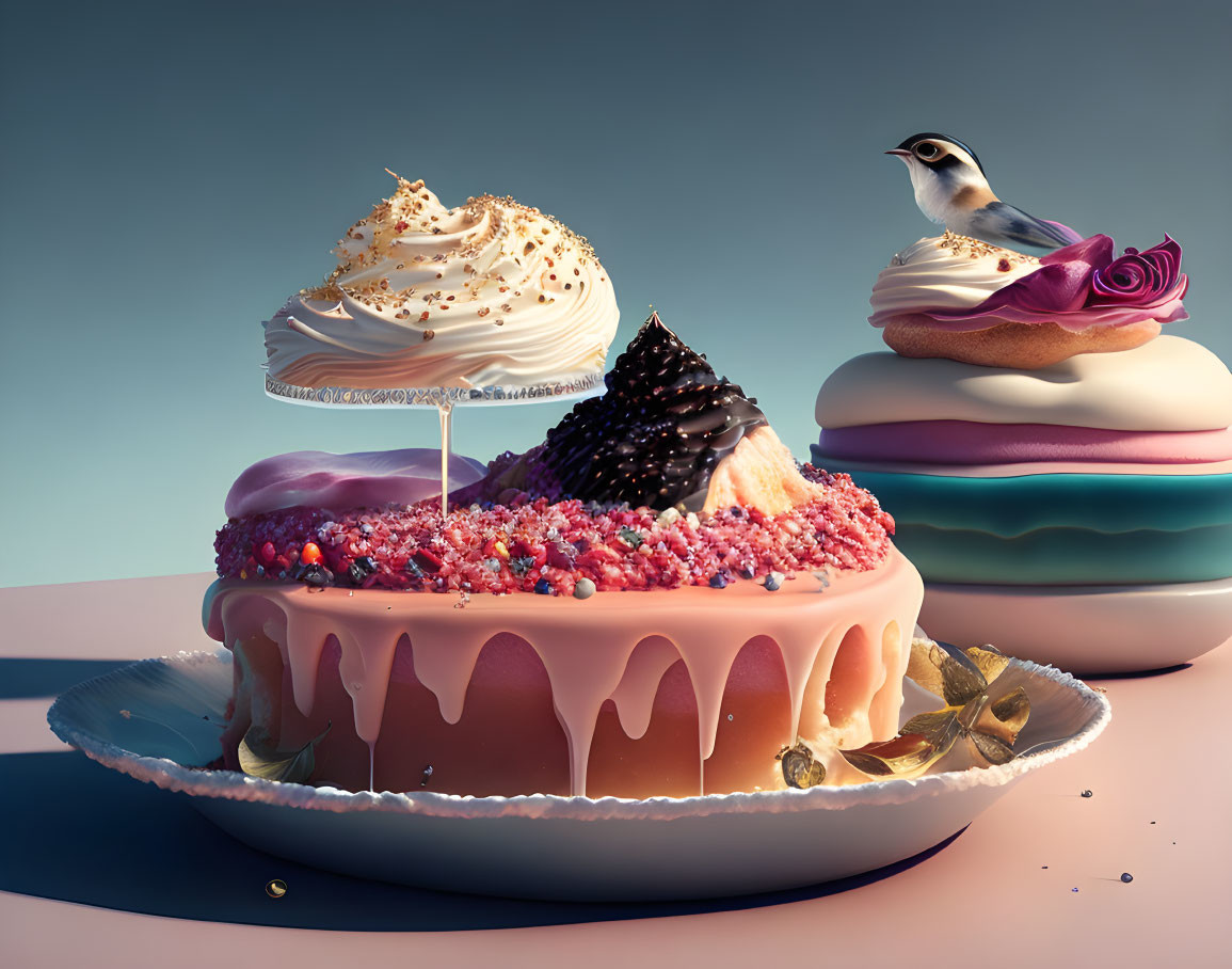 Surreal dessert scene with bird, rose, and layered cakes