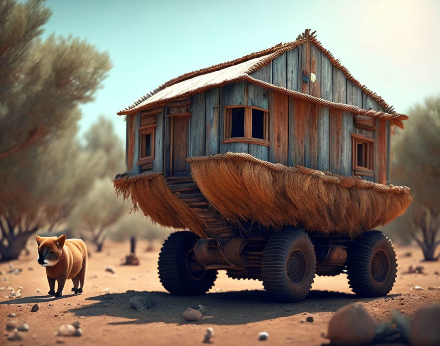 Chubby dog and mobile wooden house in desert landscape