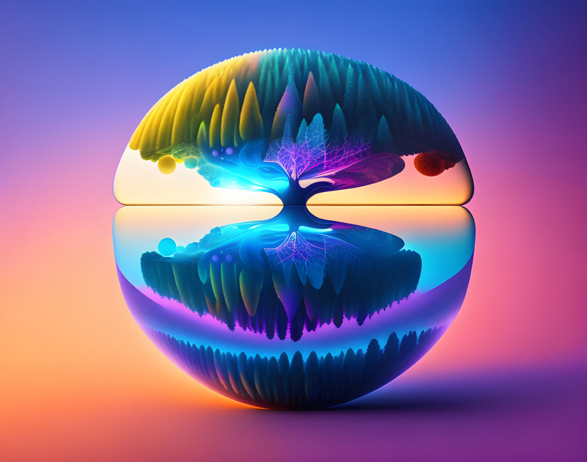 Spherical landscape digital art with trees and terrains on reflective surface