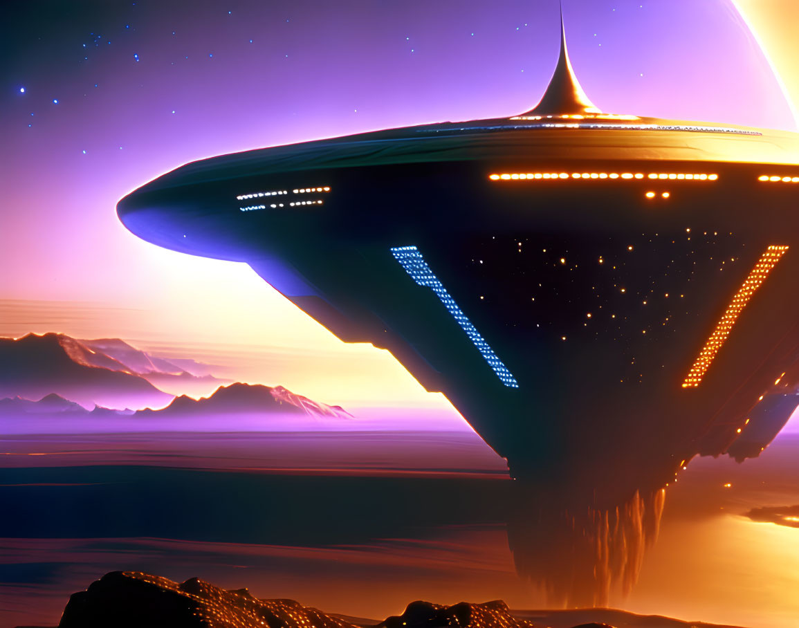 Spaceship hovering over purple alien landscape with star-filled sky