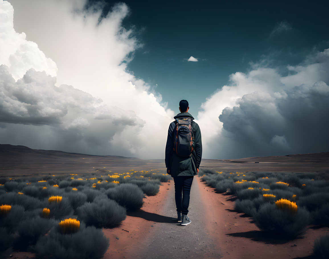 Backpacker in Desert Landscape with Yellow Flowers and Dramatic Sky