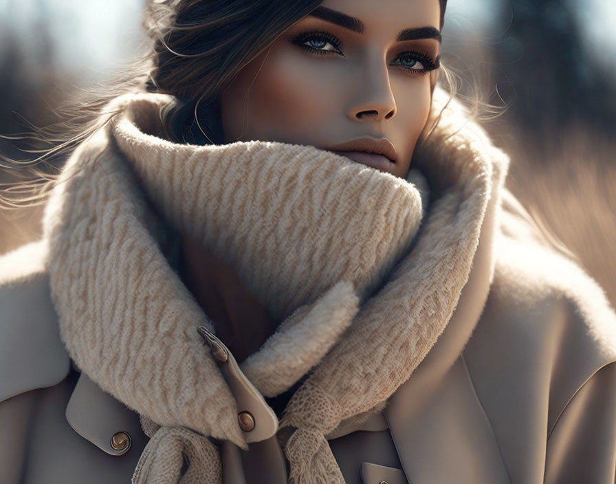 Striking eyes and bold makeup in oversized beige scarf and coat