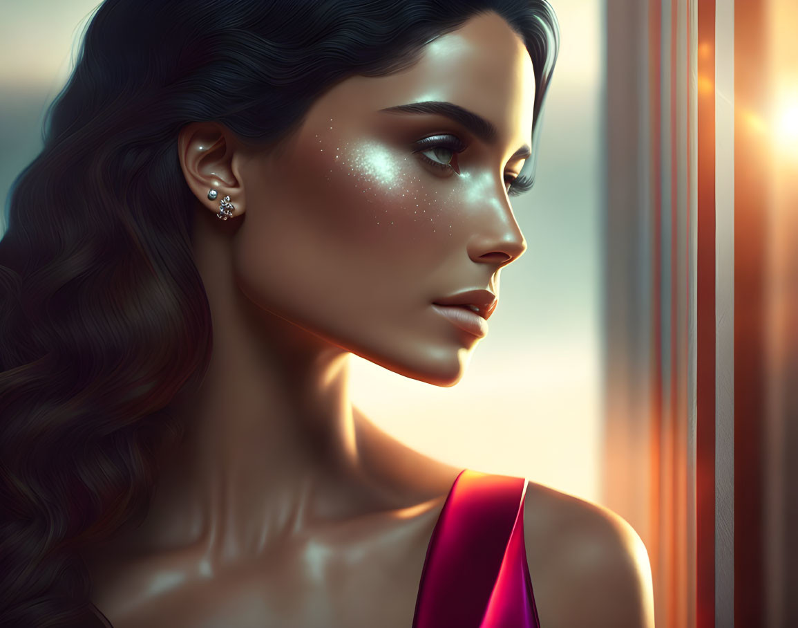 Digital portrait of woman with sparkling skin by window in warm sunlight