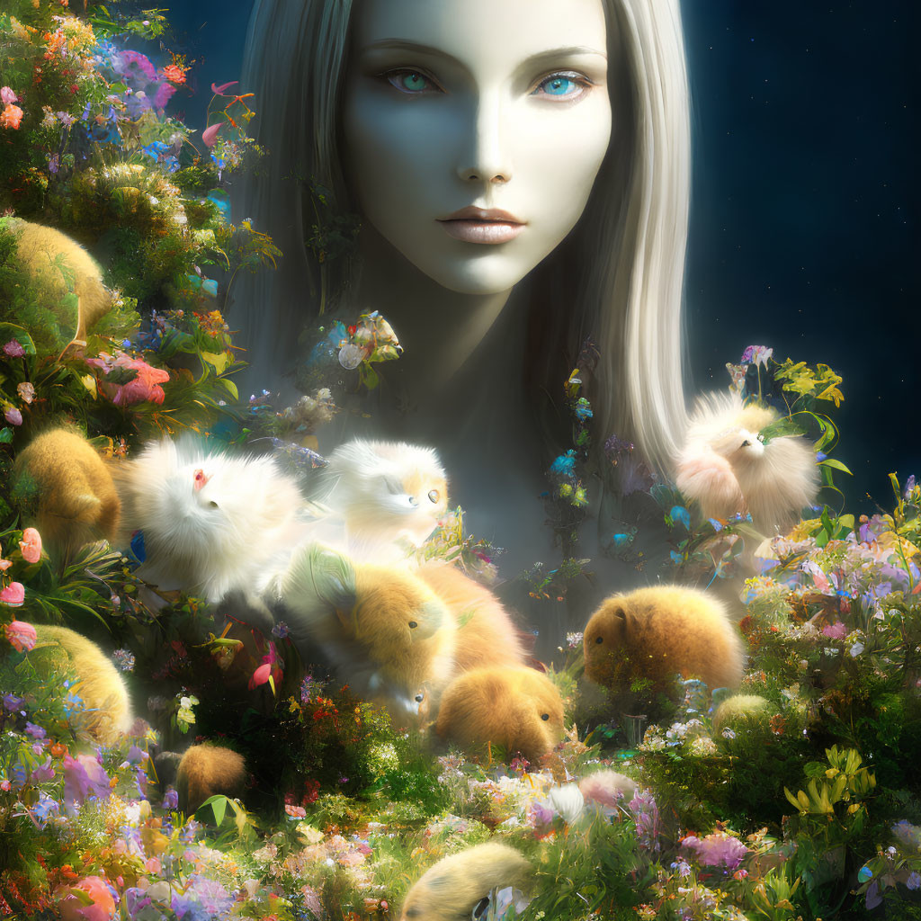 Surreal portrait of woman with pale skin and blue eyes in fantastical setting