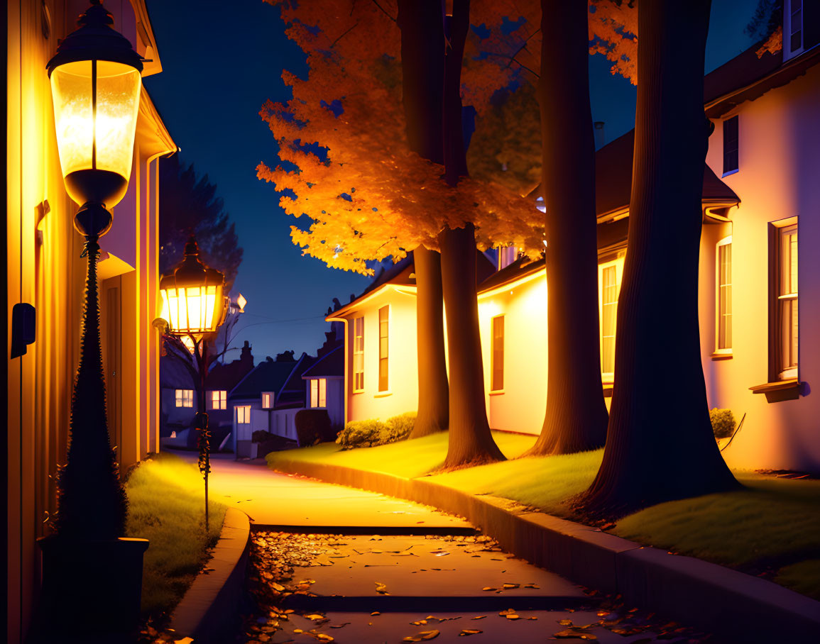 Suburban Street at Dusk: Glowing Lamps, Autumn Trees, Warmly Lit Houses