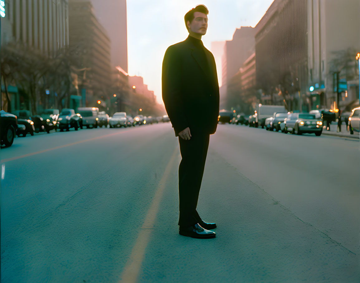 Man in Black Coat Stands in City Street at Dusk