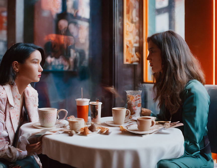 Women chatting over coffee and dessert at cafe table with soft light and neon ambiance