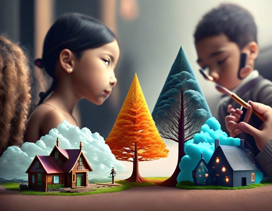 Children painting a surreal landscape with colorful elements: trees, houses, clouds