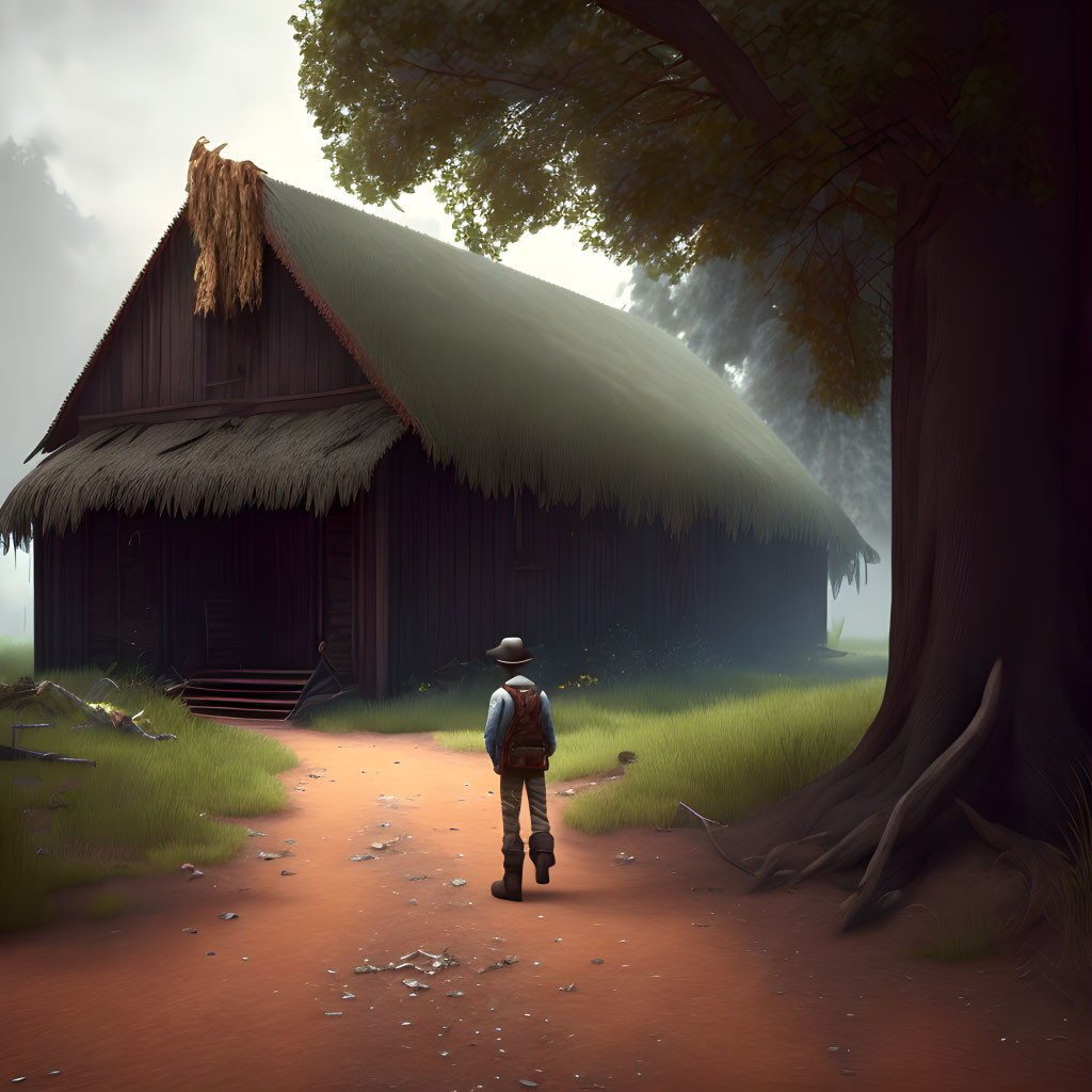 Person with hat and backpack near thatched-roof cabin in misty forest