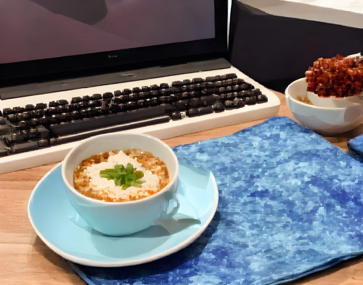 Soup Bowl, Keyboard, Monitor, Snack Plate on Blue Desk Placemat