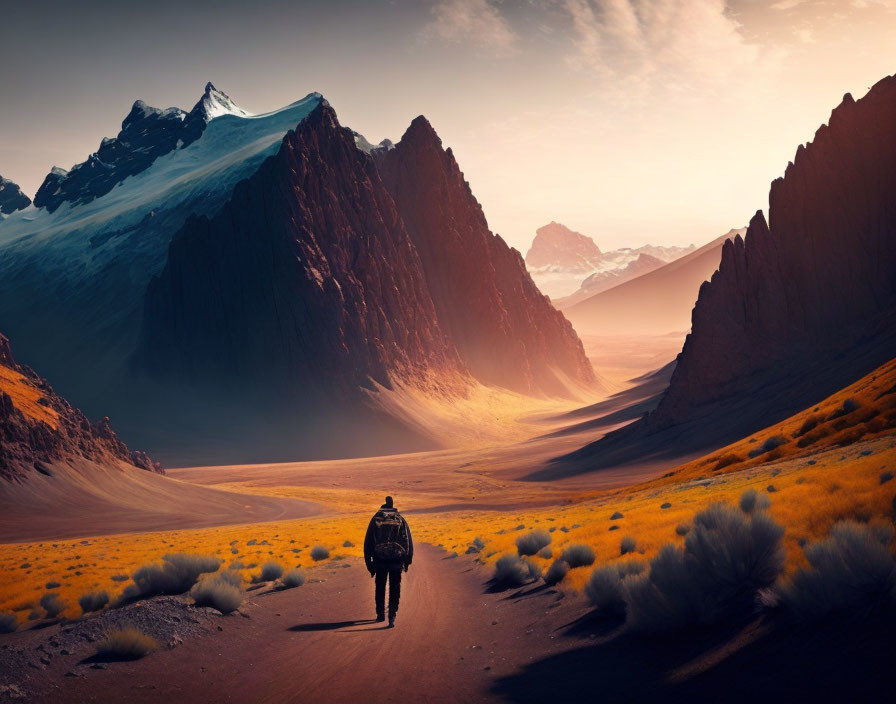 Hiker in vast desert valley with rugged peaks & snow-capped mountain