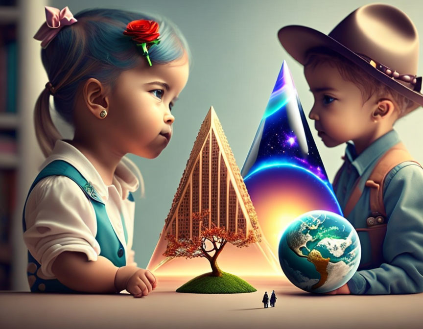 Stylized children admire glowing miniature pyramid, tree, and Earth against dynamic universe backdrop