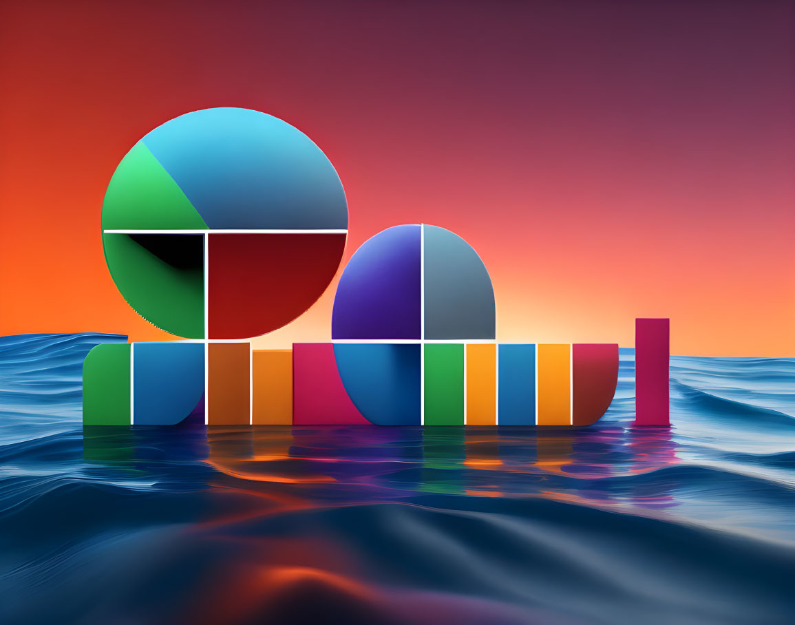 Vibrant geometric shapes on water under orange and purple sunset