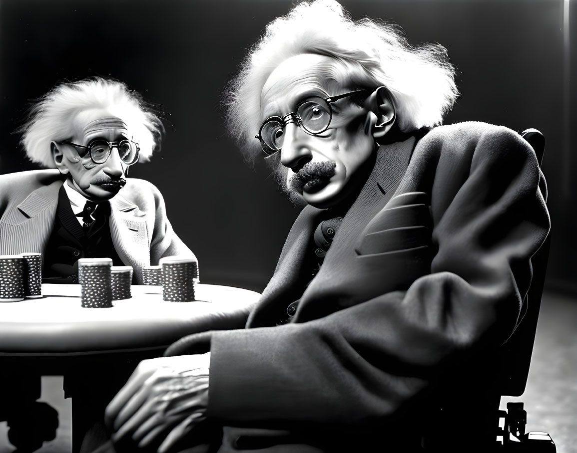 Identical caricature figures of a scientist playing dominoes