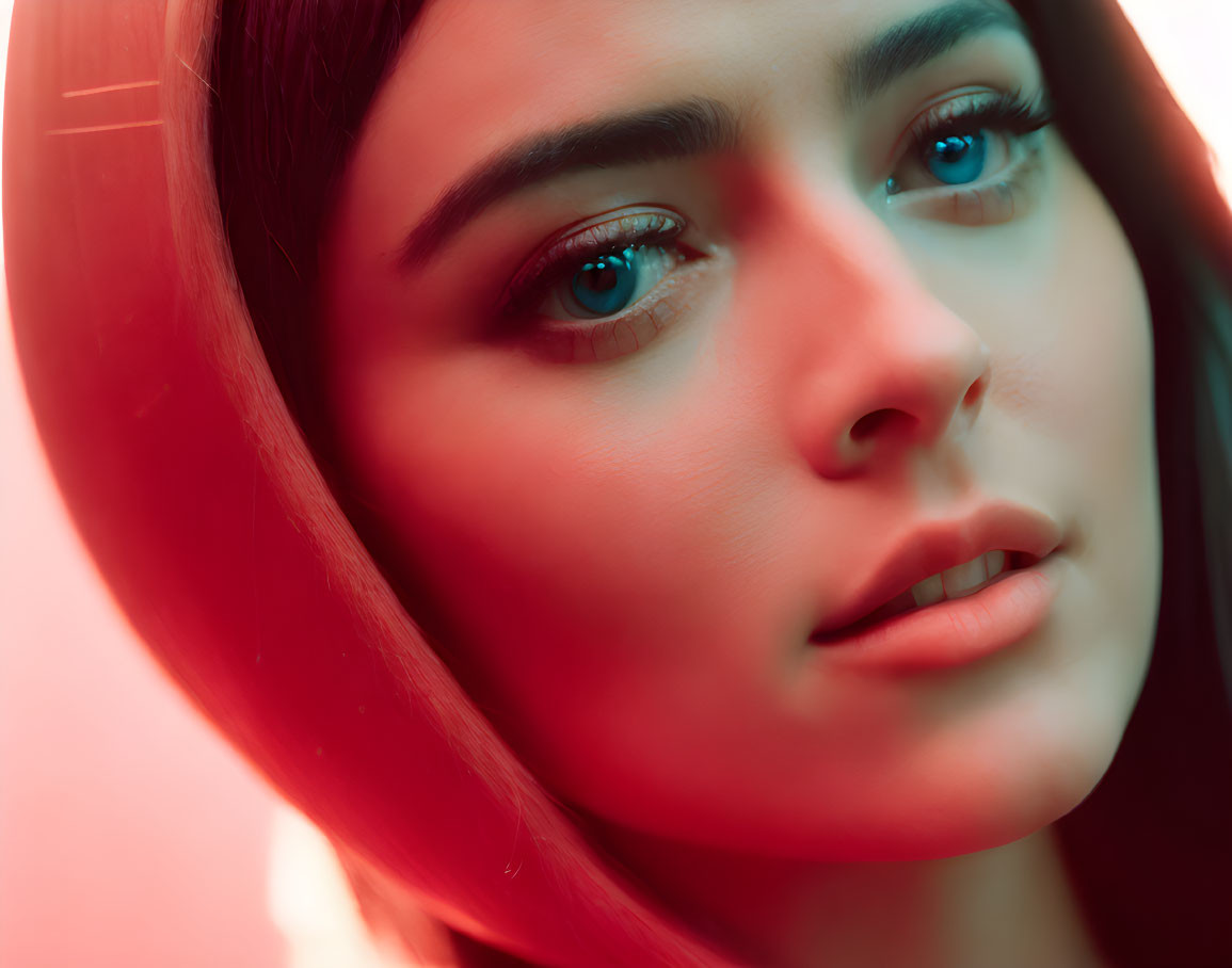 Woman with Striking Blue Eyes and Dark Hair in Red Neon Glow