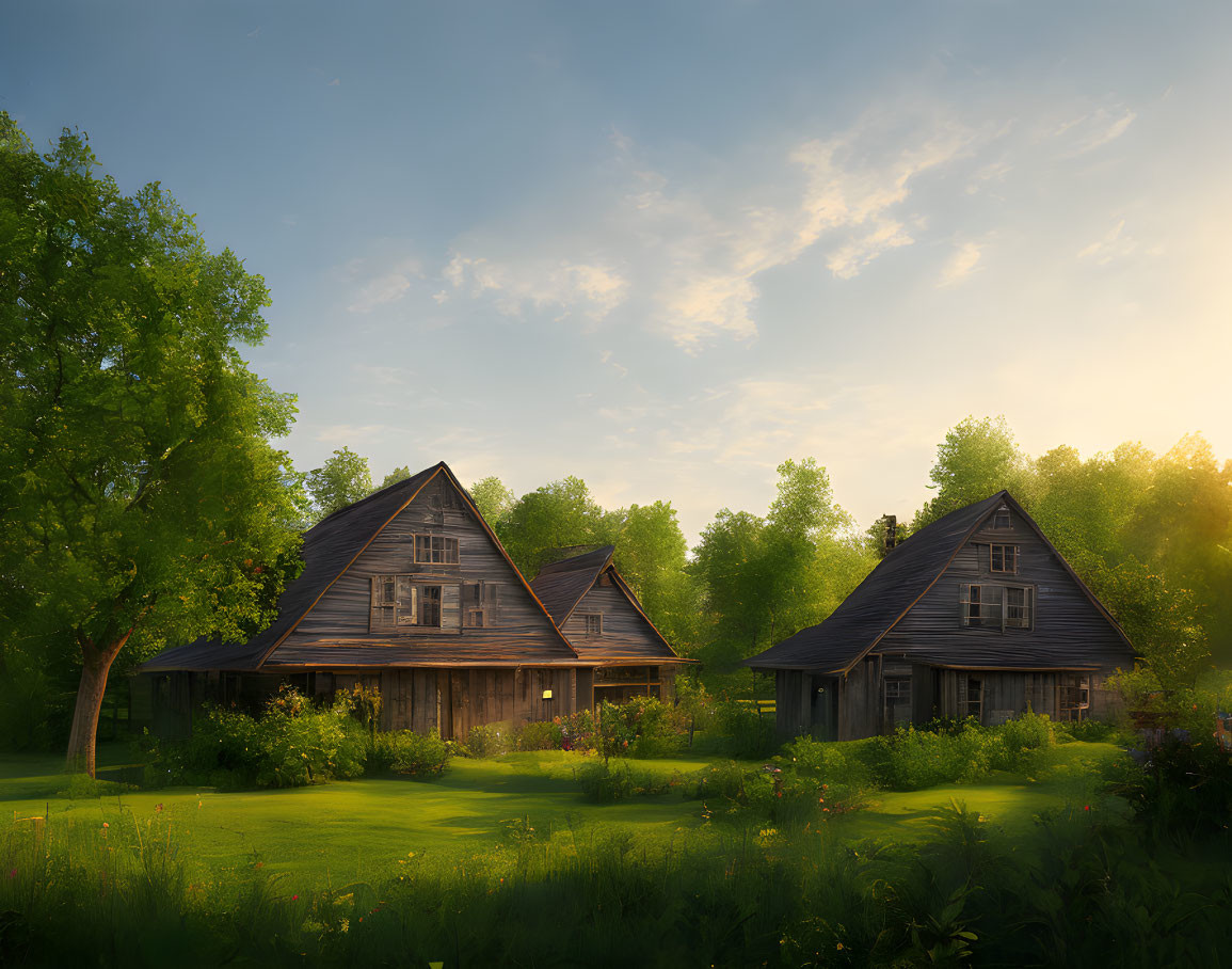 Rustic wooden houses in lush green clearing with trees and sunlight