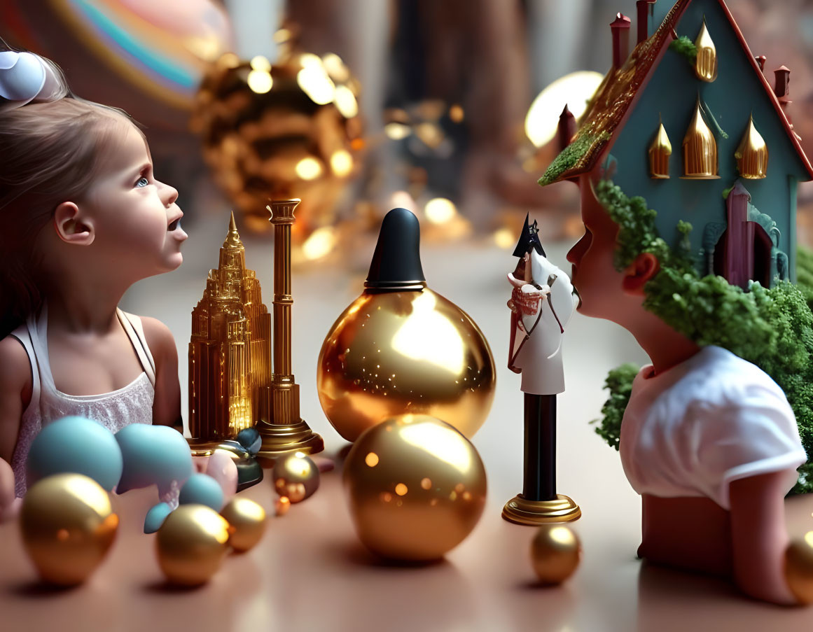 Whimsical tabletop Christmas scene with golden ornaments and toy soldier