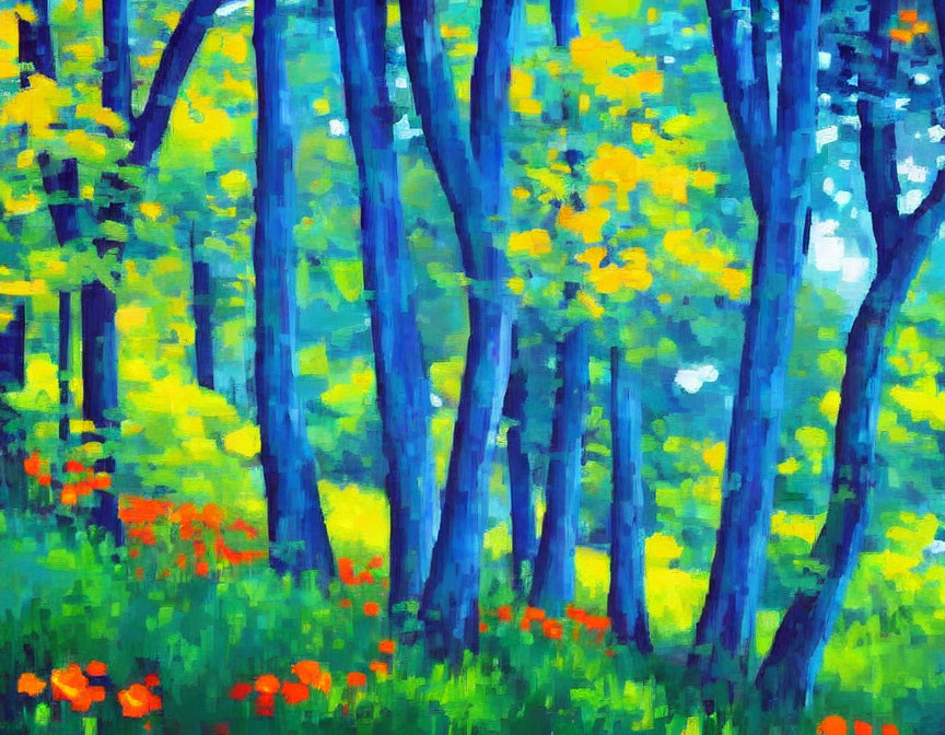 Colorful Impressionist Forest Painting with Blue Tree Trunks and Flower Carpet