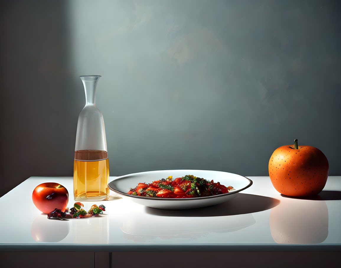 Still life composition: pasta dish, oil decanter, tomato, pomegranate on table