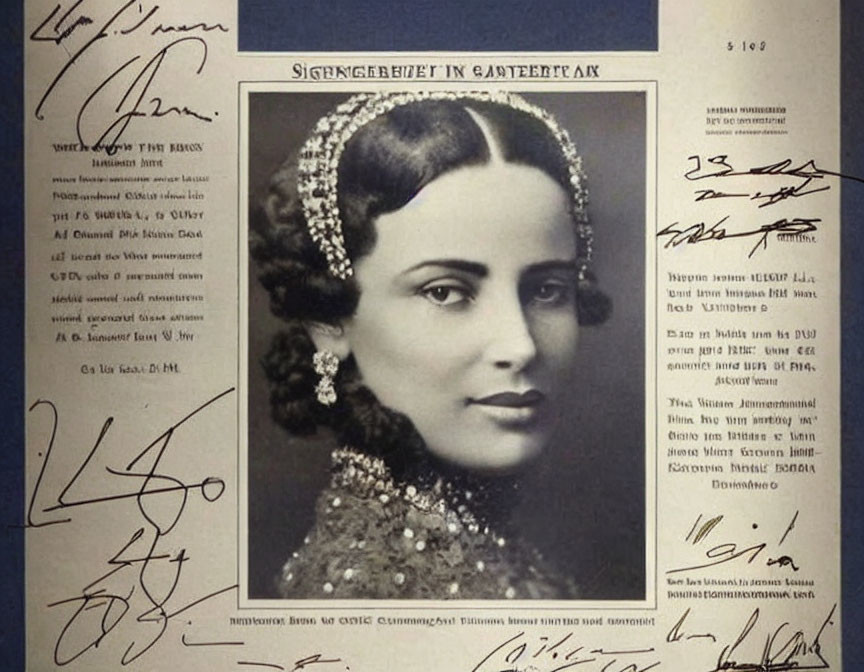 Vintage black-and-white photo: Woman with braided hair and handwritten signatures.