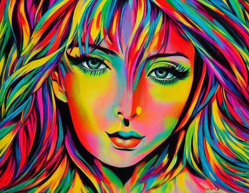 Colorful portrait of a woman with rainbow hair and green eyes on vibrant background