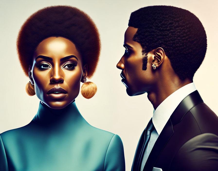 Stylized digital artwork of African American couple with afro hairstyles