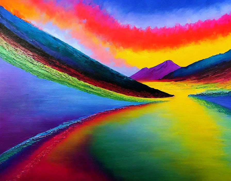 Colorful landscape painting with mountains, lake, and vibrant sky