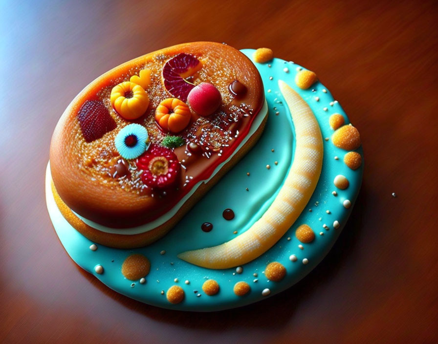 Colorful fruit and flower adorned pastry-themed cake on blue platter