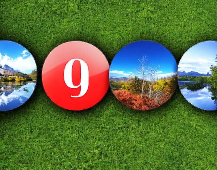 Round Icons on Grass Background: Number 9 and Nature Scenes