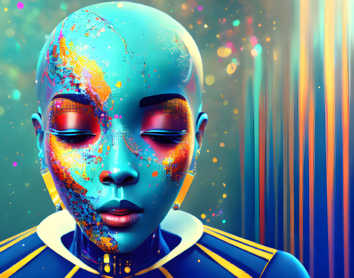 Stylized female figure with blue skin and vibrant face paint on gleaming background