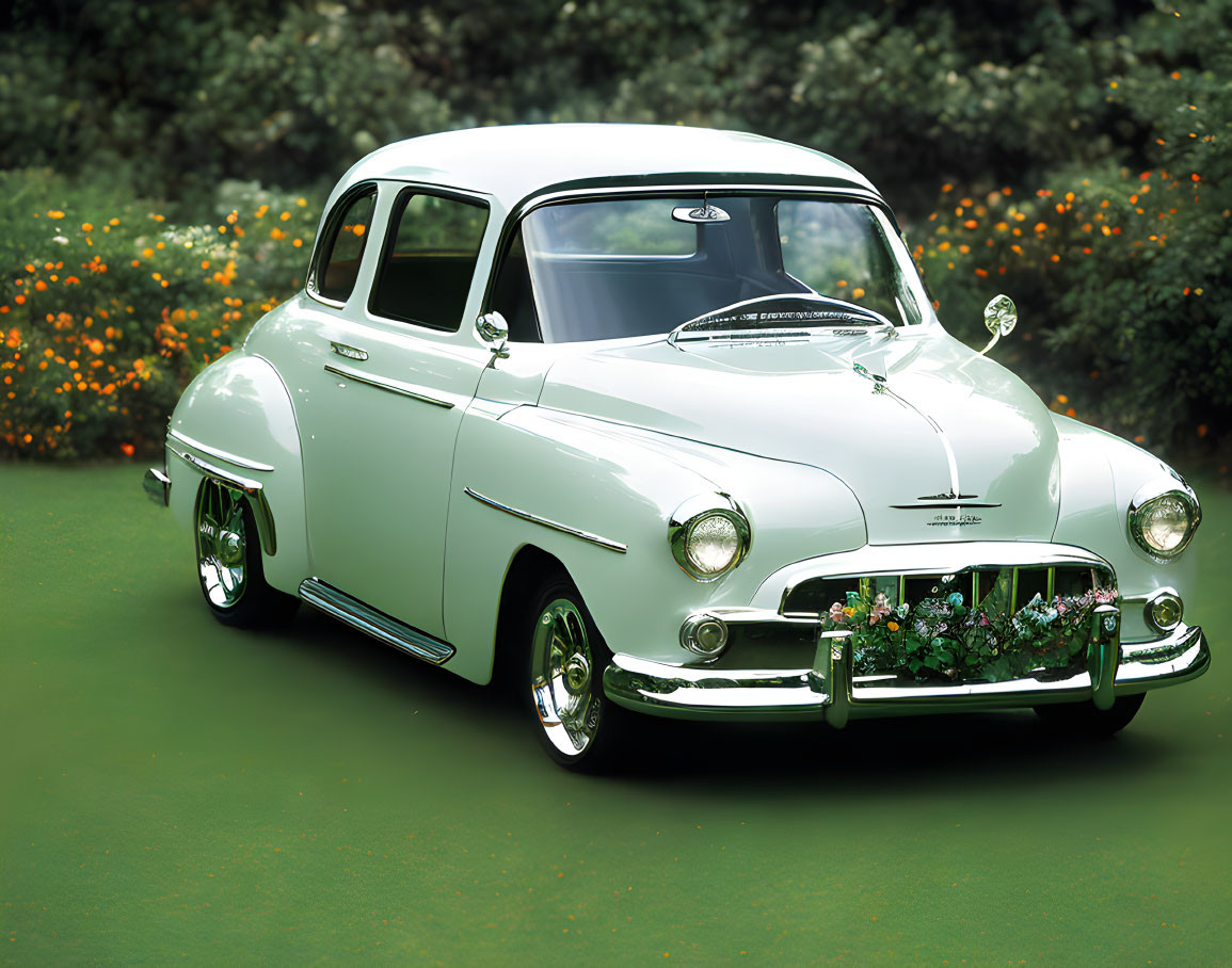 Classic White Car with Chrome Detailing and Flower Arrangement in Nature