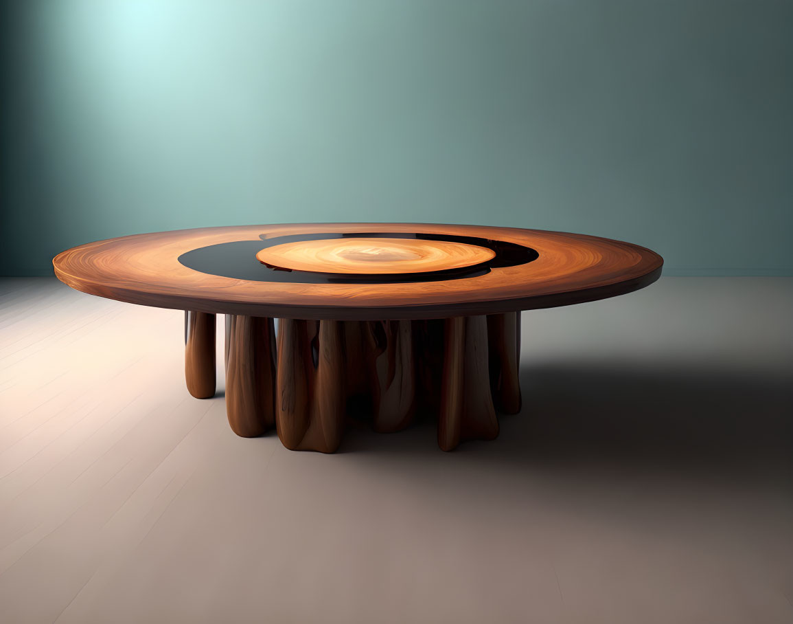 Modern wooden table with tree-ring pattern against teal wall