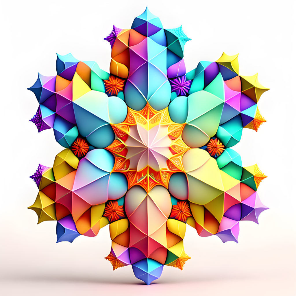 Symmetrical 3D fractal with colorful snowflake patterns