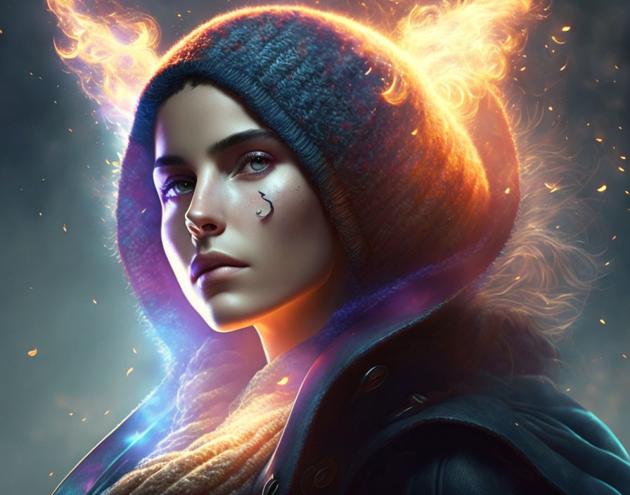 Digital artwork: Woman with fiery hair, beanie, leather jacket, and piercing gaze in an eth