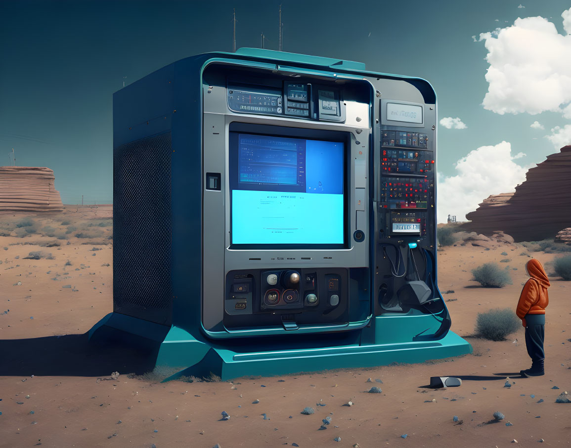 Retro-futuristic computer in desert with person in orange jacket