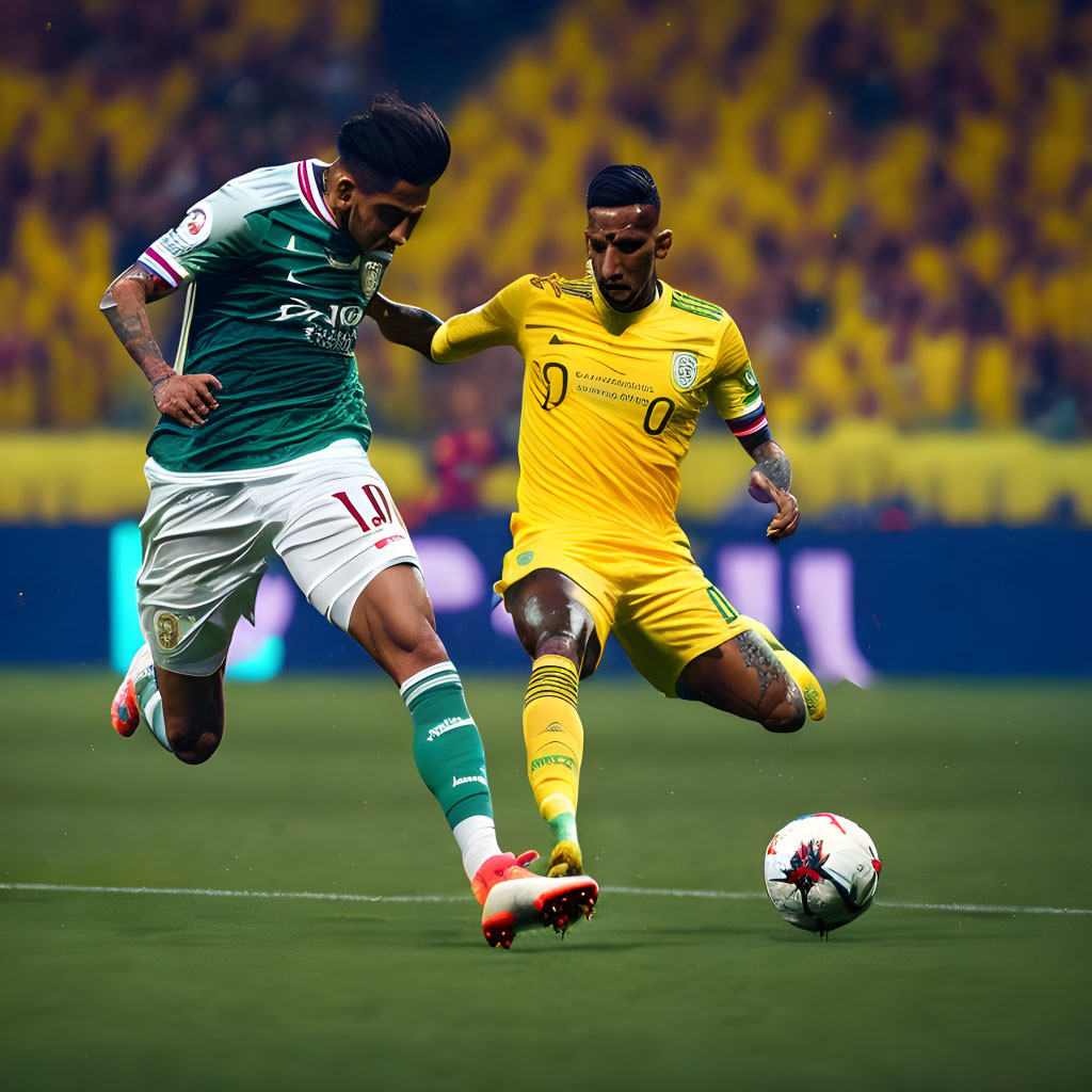 Soccer players in green and yellow jerseys in stadium duel