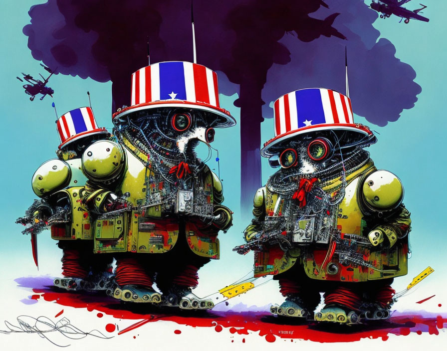 Futuristic robotic figures with American flag-themed helmets and tech details on a backdrop with helicopters