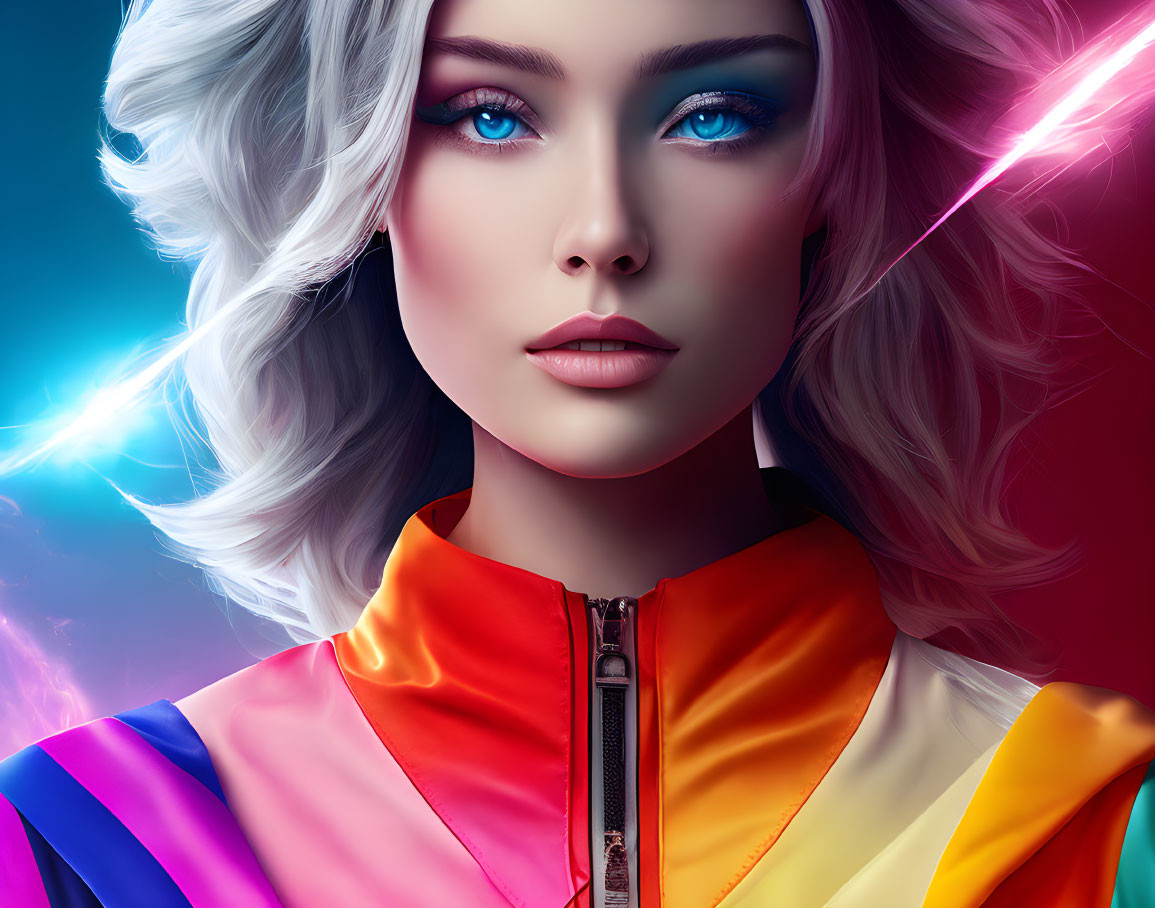 Digital Art Portrait of Woman with Blue Eyes and Silver Hair in Colorful Jacket