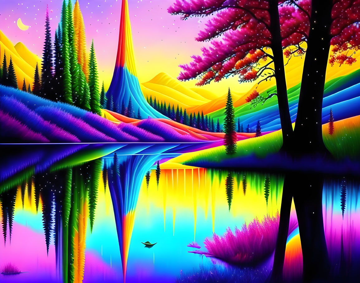 Colorful landscape with neon-bright trees, reflective water, and rainbow sky.