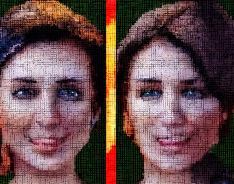 Two-Panel Mosaic Image: Woman's Face in Two Tones divided by Red Line