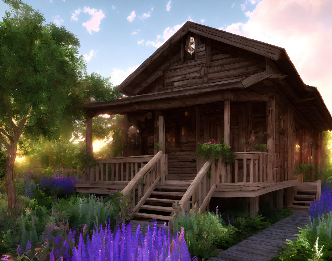 Cozy wooden cabin in garden with blooming purple flowers at sunset