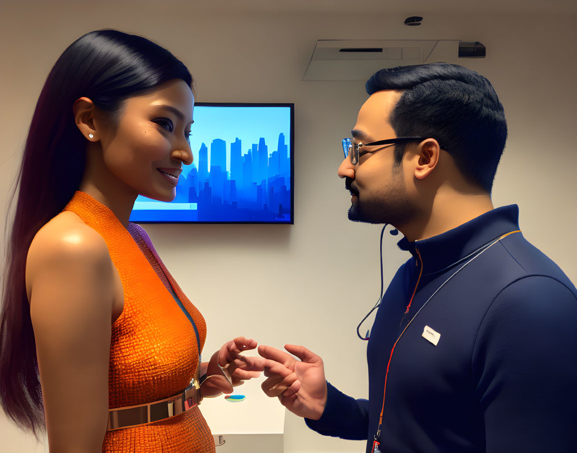 Woman smiling at man with city skyline in background.