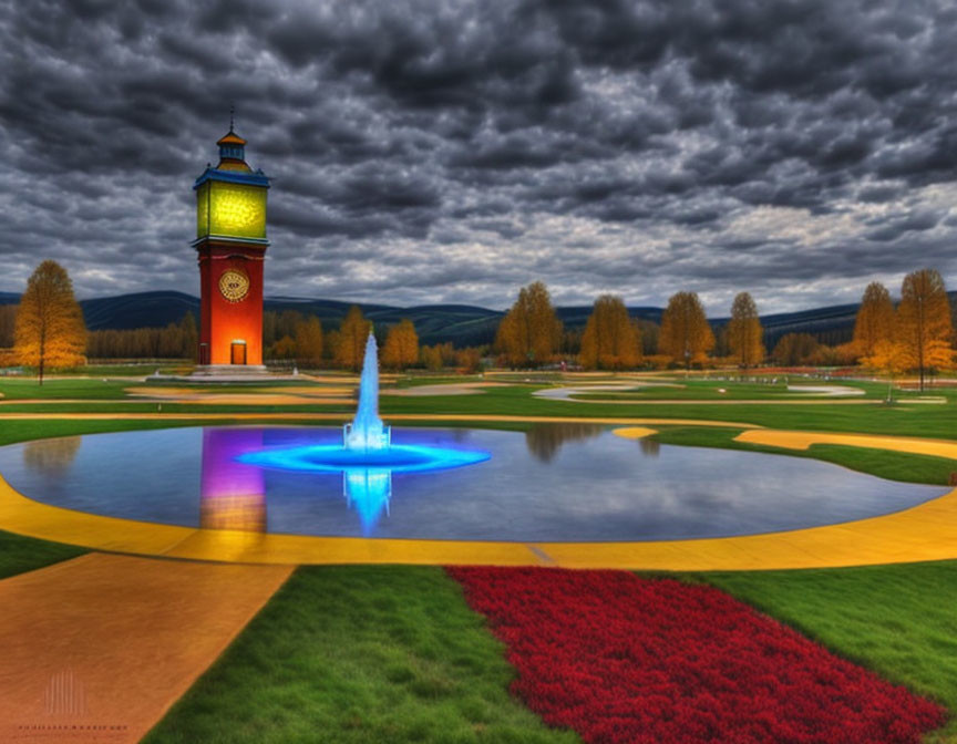 Colorful park with clock tower, pathways, fountain, flowers under dramatic sky