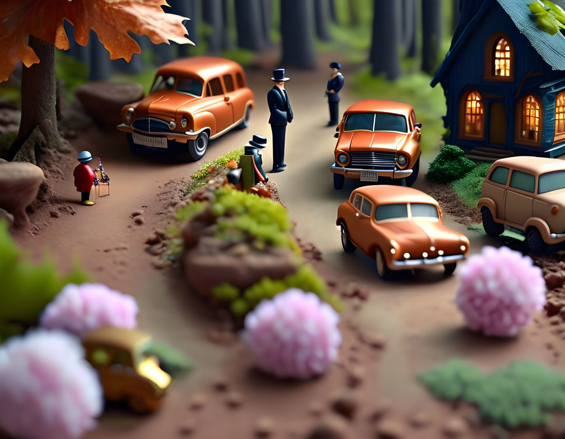 Miniature vintage cars, figurines, blue house, lush trees, and colorful shrubbery in