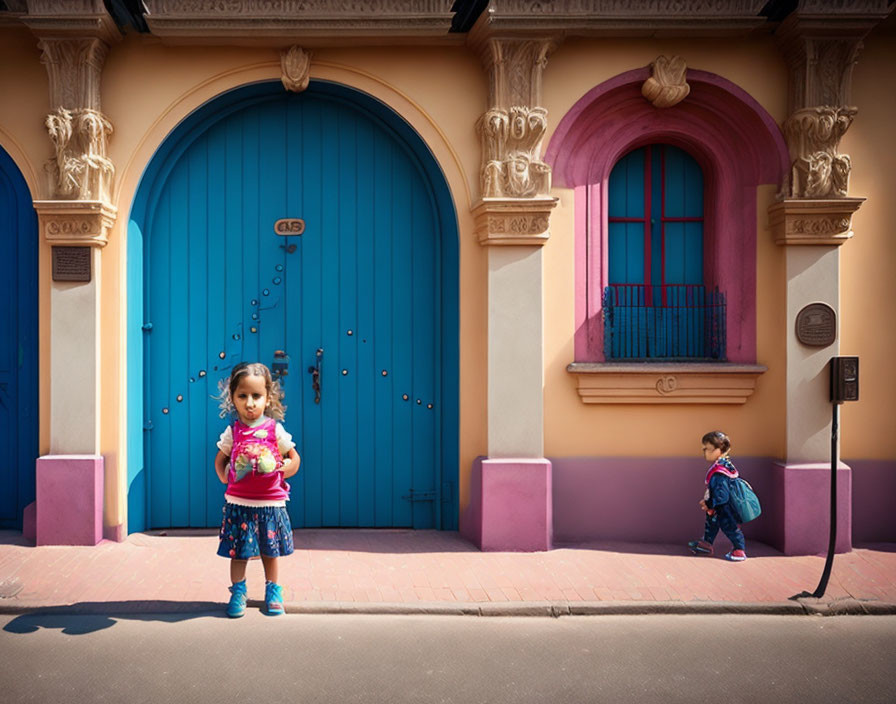 Children in front of vibrant blue and pink buildings.