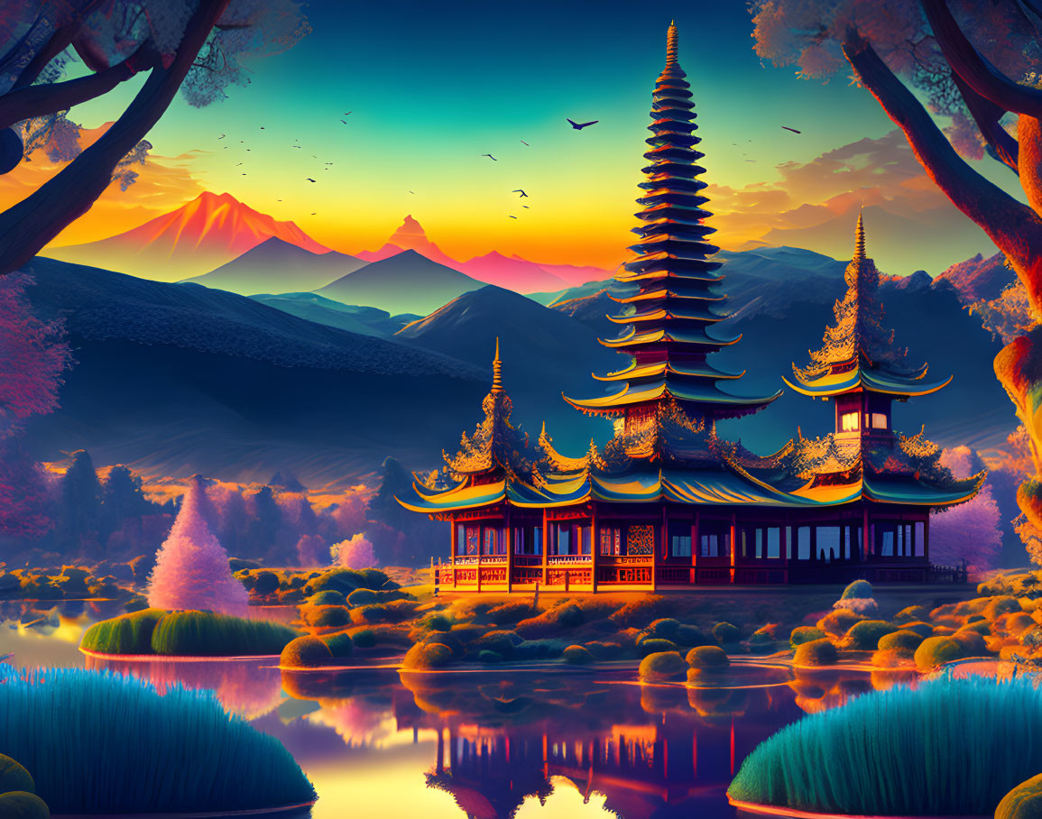 Traditional Asian pagoda by a reflective lake at sunset