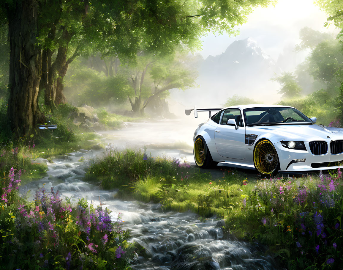 White sports car by stream in lush forest with fog and sunlight.