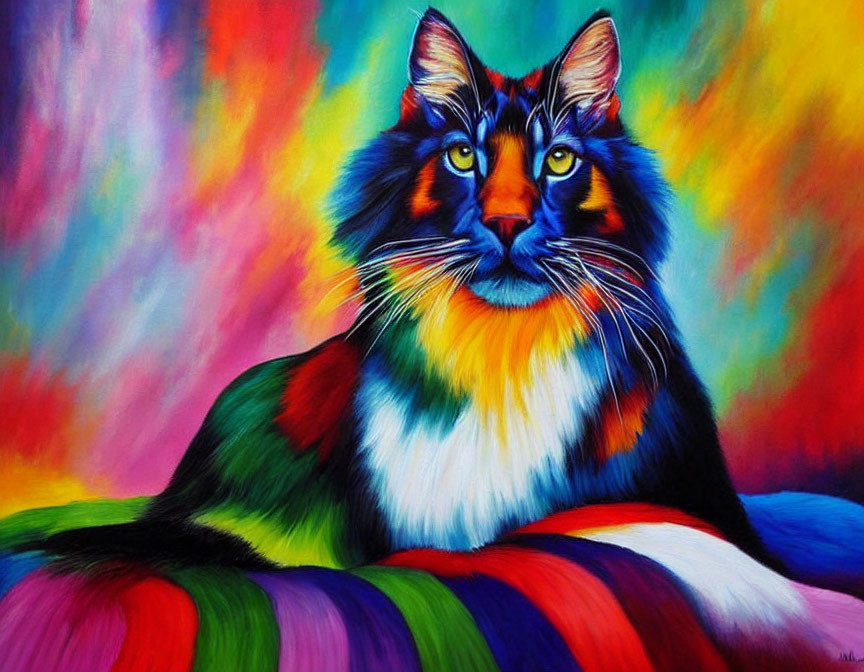 Colorful Cat Painting on Rainbow Background