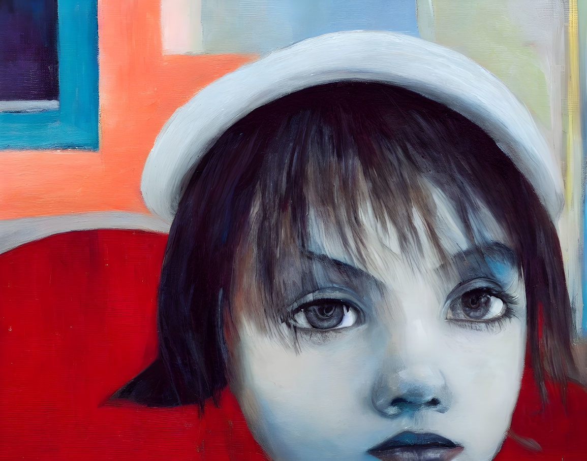 Close-up Painting: Child with Large Eyes & White Hat on Colorful Abstract Background