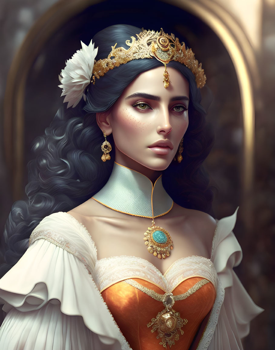 Portrait of a regal woman with green eyes, grey hair, golden crown, and gem-enc